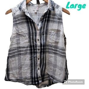 So Sleeveless Plaid Flannel Button Down Fall Country Front Pockets Women Large